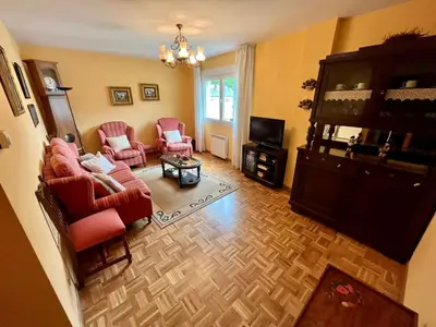 a living room with pink chairs and a television at Apartamento en A Pontenova in A Pontenova