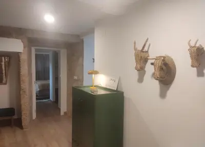 a room with a green cabinet and antlers on the wall at Cosmevixia in Ourense