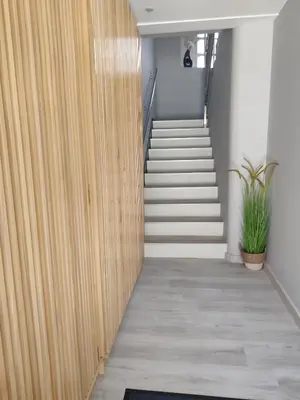 a hallway with a wooden door and stairs at ApartmentoTerra de Augas 1 in Caldas de Reis