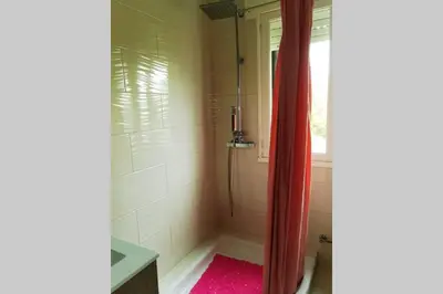 a bathroom with a shower with a pink rug at Foz Acogedora casa familiar in Barrosa