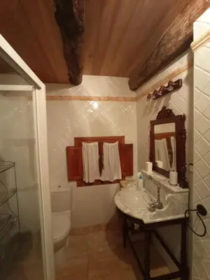 a bathroom with a sink and a toilet and a mirror at Casa de Abril 2 in San Cristóbal de Valdueza