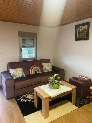 a living room with a brown couch and a table at A Casa do Abuelo in Ourense