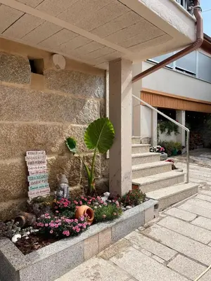 a plant in a flower bed in front of a building at A Casa do Abuelo in Ourense
