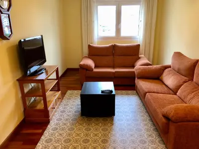 a living room with a couch and a tv at Apartamento Ribeira Sacra in Monforte de Lemos