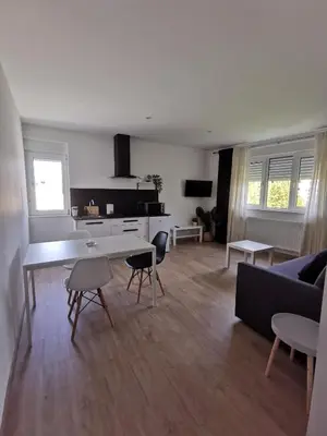 a living room with a table and chairs and a couch at Apartamentos Seijo in Villalba