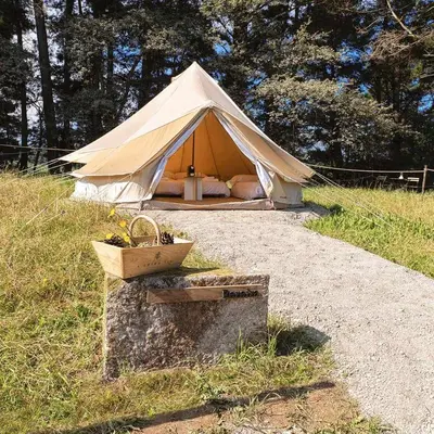 a tent with a bed in a field at A Leira 116 Cabañas de diseño in Sarria