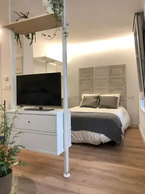 a bedroom with a bed and a flat screen tv at Apartamentos CANDEA in Lugo