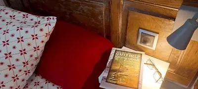 a book sitting on a bed next to a pillow at APARTAMENTO CÉNTRICO, AMPLIO y LUMINOSO in Guitiriz