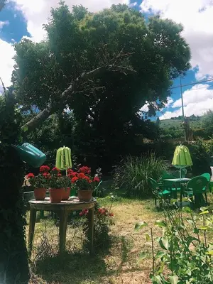 a table with flowers on it in a garden at Albergue de peregrinos Santa Marina in Molinaseca