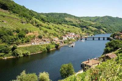 a town with a bridge over a river with boats at Casa Visita Ribeira Sacra in Chantada