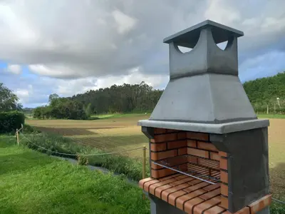 a brick chimney on the side of a field at Grandes Duplex nuevos con Jardin y Barbacoa - 3 llaves, Los Gayoles Rural in Castropol