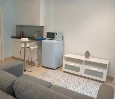 a living room with a couch and a kitchen at Apartamentos Tras dos Fornos in Chantada