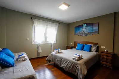 a bedroom with two beds with blue pillows at Villa Albino Piscina climatizada in Ribas del Sil