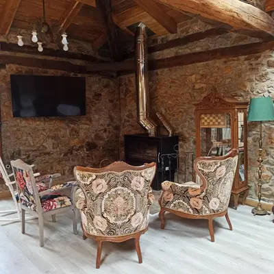 a living room with two chairs and a fireplace at Casa do Bico in Becerreá