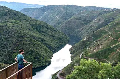 a man standing on top of a wooden bridge over a river at Casa Jardín in Monforte de Lemos