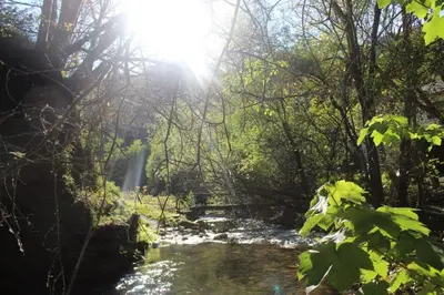 a river in a forest with a waterfall in the background at A curuxa casa rural in El Mazo