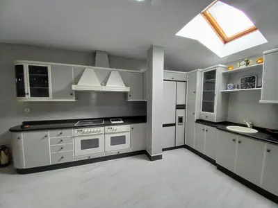 a kitchen with white appliances and a skylight at Ático Pilos in Castro Caldelas