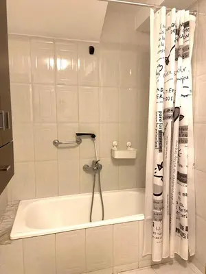 a bathroom with a tub and a shower curtain at Casa Concha do Caserón do Viaxeiro in Mondoñedo