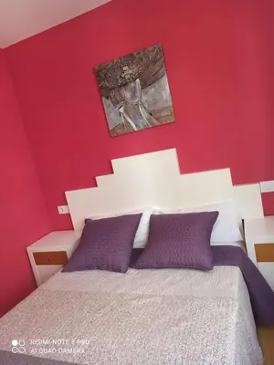 a red bedroom with a bed with purple pillows at Aroalia, super céntrico!! in Ourense
