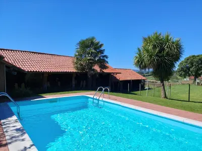 a swimming pool in front of a house with palm trees at Fogar de Breogán in Pontevedra