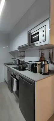 a kitchen with a stove and a microwave at Precioso Apartamento de 1 Habitación in O Barco de Valdeorras