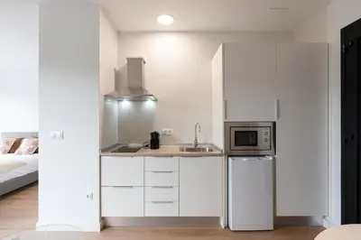 a white kitchen with a sink and a refrigerator at Cabañas Alcobas do Sil Ecoturismo in Parada del Sil