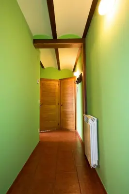 a hallway with green walls and a wooden door at El Vallín de Alba in La Artosa
