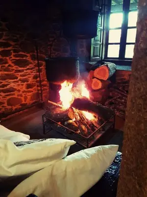 a fireplace with a fire in the middle of it at Pazo de Bendoiro in Bendoiro