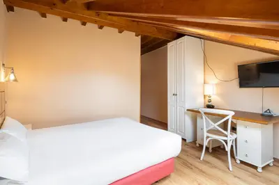 a bedroom with a bed and a desk and a tv at Hotel Alda Lalín in Lalín