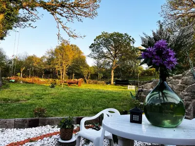 a vase with purple flowers sitting on a table at Carballo Alenza,2 in Castro Caldelas