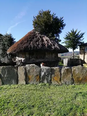 a hut with a thatched roof behind a stone wall at Pajar in Braña