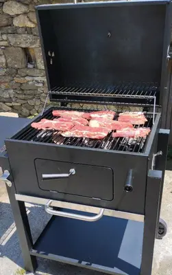 a grill with some meat cooking on it at Casa Xarreiro in Chantada