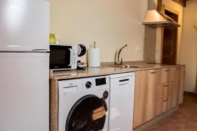 a kitchen with a washing machine and a microwave at Pallozas Turísticas Ridicodias - A Vieira in Laza
