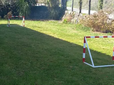 a soccer field with two barriers in the grass at Lobetios - Casa rural in Parada de Achas
