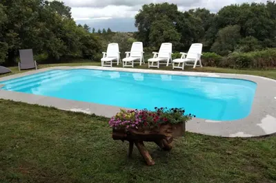 a swimming pool with chairs and a table with flowers at Lobetios - Casa rural in Parada de Achas