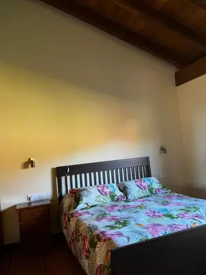 a bedroom with a bed with a floral bedspread at Lobetios - Casa rural in Parada de Achas