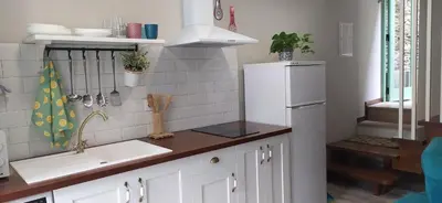 a kitchen with a sink and a refrigerator at Casiña d'afreita in Rinlo