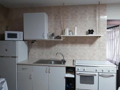 a kitchen with a sink and a white refrigerator at Casa das Peleteiro Ribeira Sacra in Ourense