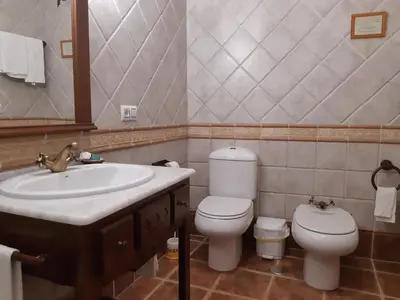 a bathroom with a toilet and a sink at Casa Rural dos Chaos in Arnoia