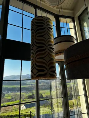 a large vase hanging in a room with windows at De la Osa Hotel in Abres