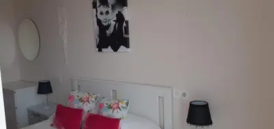a bedroom with a white bed with red pillows at LOFT FRIOL in Friol