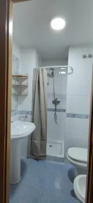 a bathroom with a sink and a shower and a toilet at La morada del Museo in Ponferrada