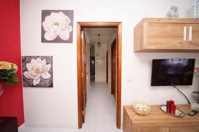 a hallway leading into a room with a television and paintings on the wall at Antoxos Sacra Home I in Chantada