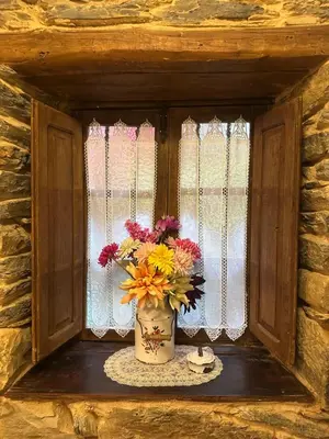 a vase of flowers sitting on a window sill at Casa rural **** El Barreiro. Ideal para familias. in Sorbeda