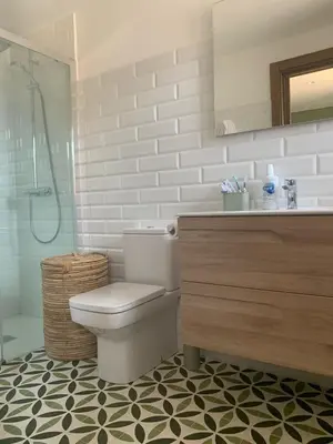 a bathroom with a toilet and a sink and a shower at PiluPeta Casa de Aldea in Goje