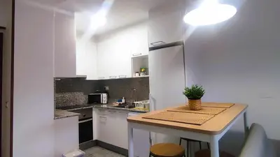 a kitchen with white cabinets and a table with a plant on it at Precioso apartamento en ares in Ares