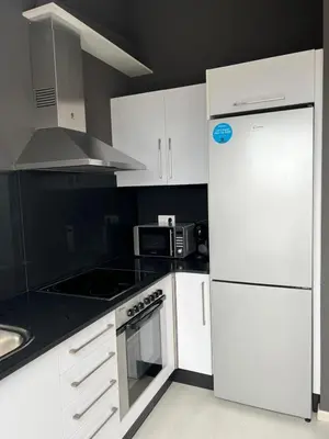 a kitchen with white appliances and a white refrigerator at BALCÓN DO MARIÑEIRO in Burela de Cabo