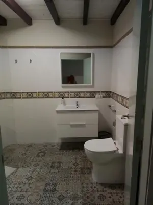 a bathroom with a toilet and a sink and a mirror at Hostel & Rooms Casa Maia in Padrón