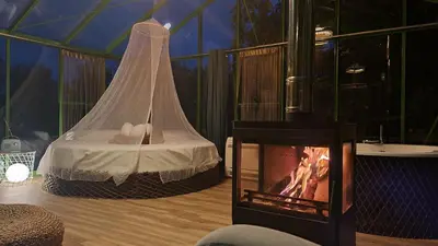 a room with a bed and a fireplace and a tv at REMANSO DE TRASFONTAO_Nido 360° in Silleda