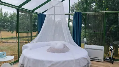 a bed in a tent with a mosquito net at REMANSO DE TRASFONTAO_Nido 360° in Silleda